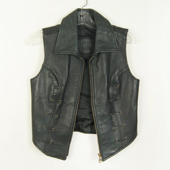Vintage 90s Rudsak Black Lace Up Moto Motorcycle Biker Leather Vest - Picture 4 of 5